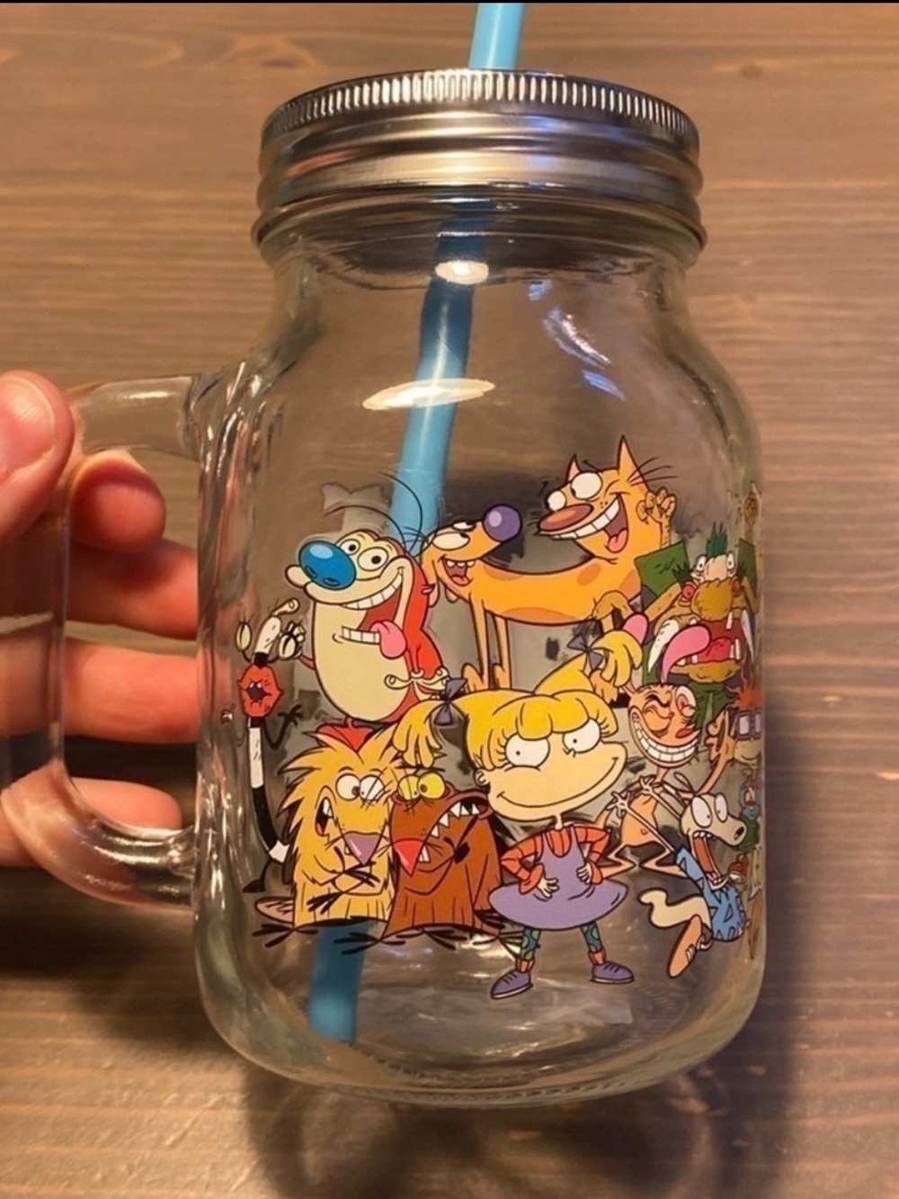 Nickelodeon 90s Nicktoons Mason Jar Mug Lid Straw 21oz Rugrats Hey Arnold